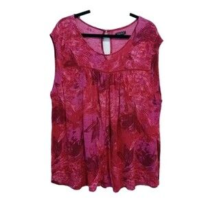 Lucky Brand Pink Floral Sleeveless Top Round Neck Linen Blend Purple Size 3X